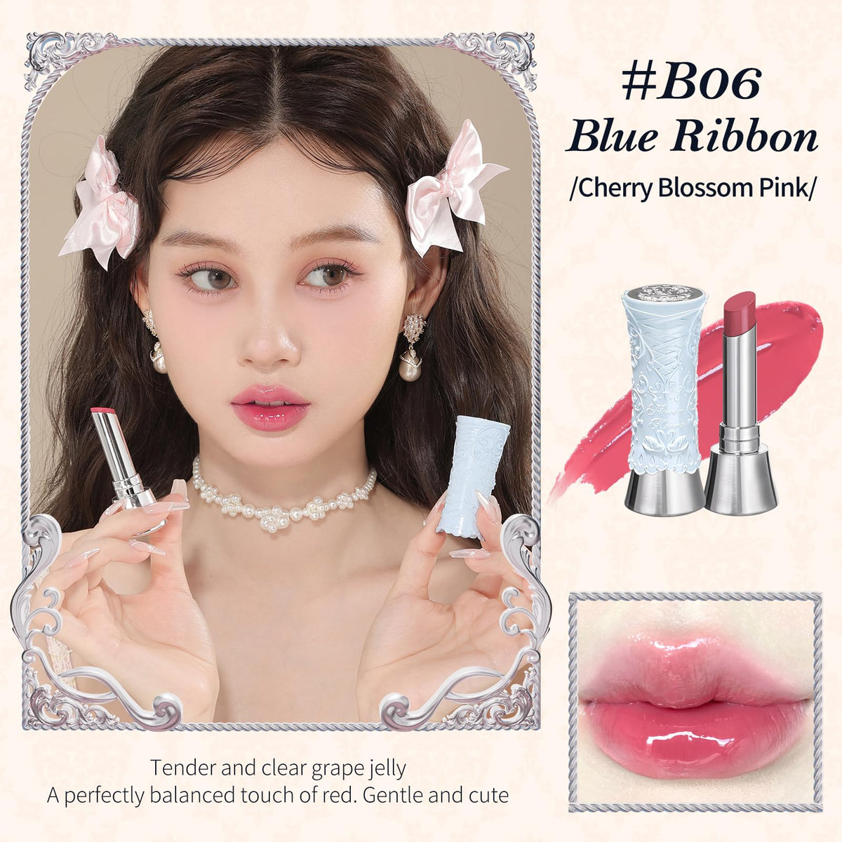 Flower Knows Swan Ballet Shine Lipstick shade B06 Blue Ribbon swatch in cherry blossom pink