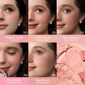 Flower Knows Bear Biscuit blush pan in warm red-bean brown for a natural sun-kissed glow.