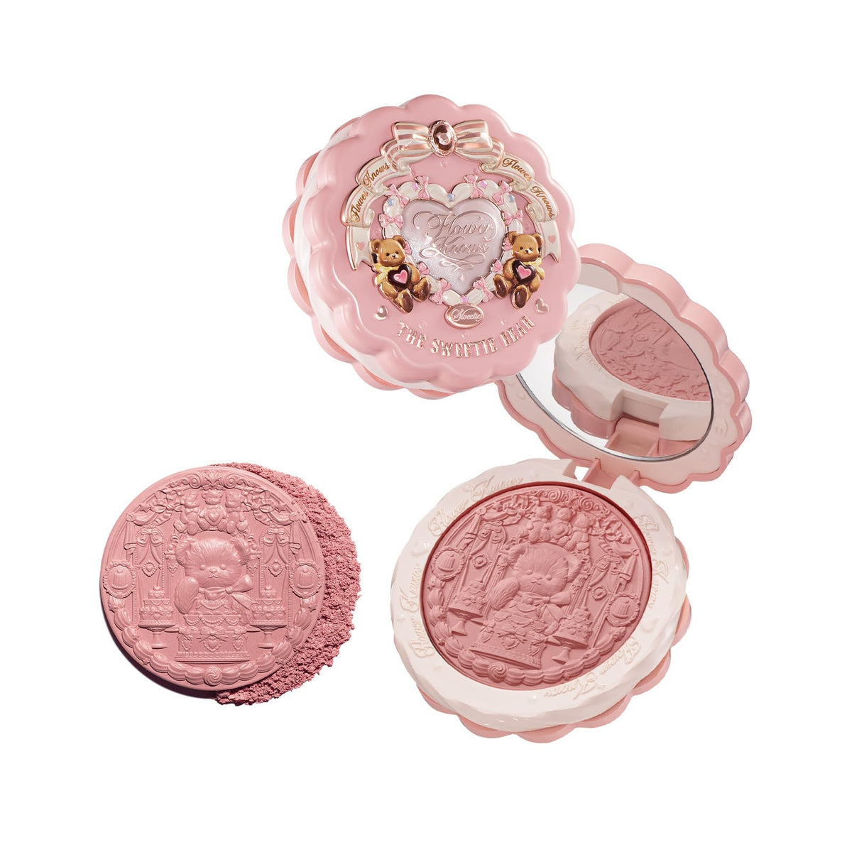Flower Knows Sweetie Bear compact with biscuit design for on-the-go touch-ups.