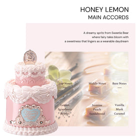 Sweetie Bear Honey Lemon cream cake bottle packaging highlighting dual scent stories.