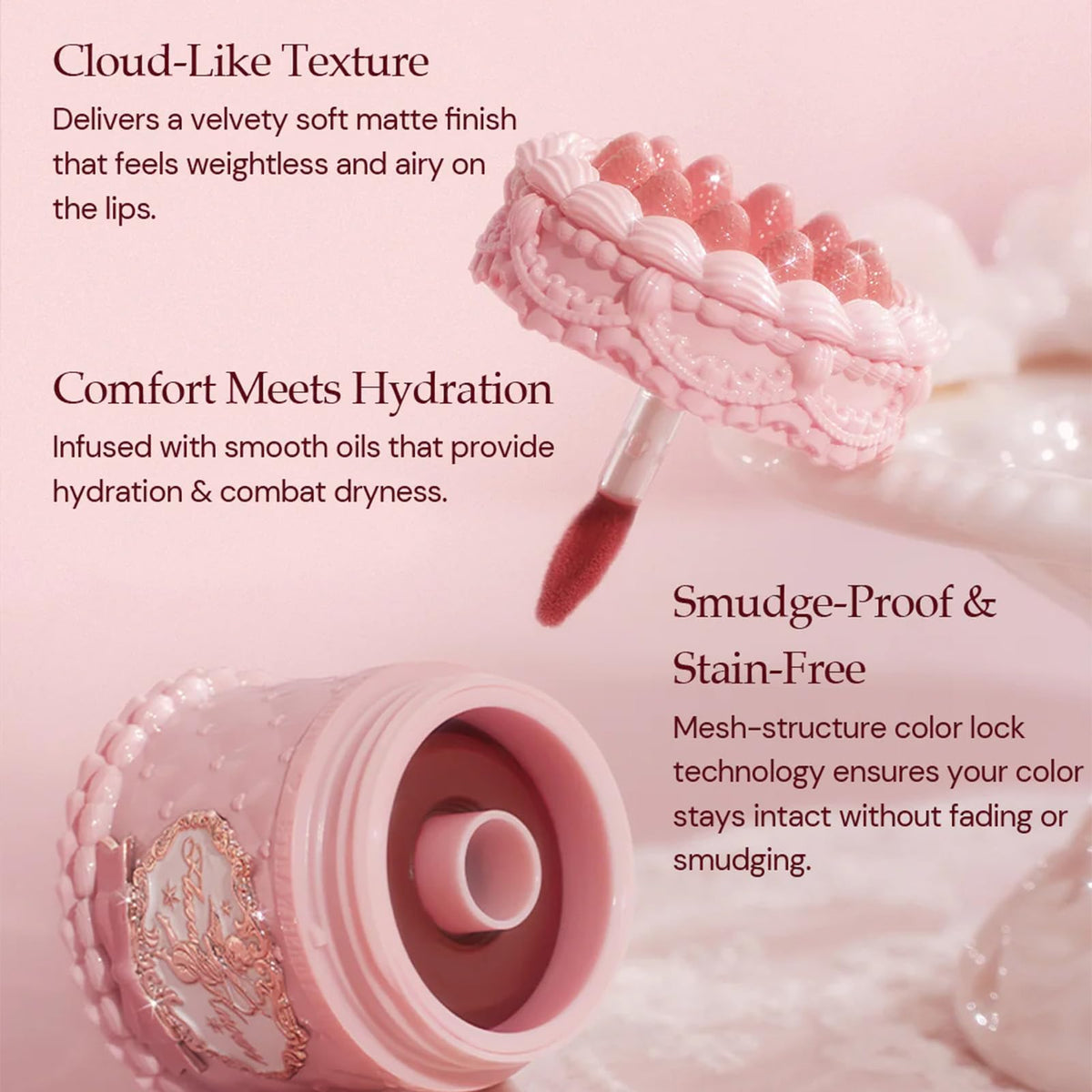 Flower Knows lip color on lips shows smudge-proof, long-lasting wear.