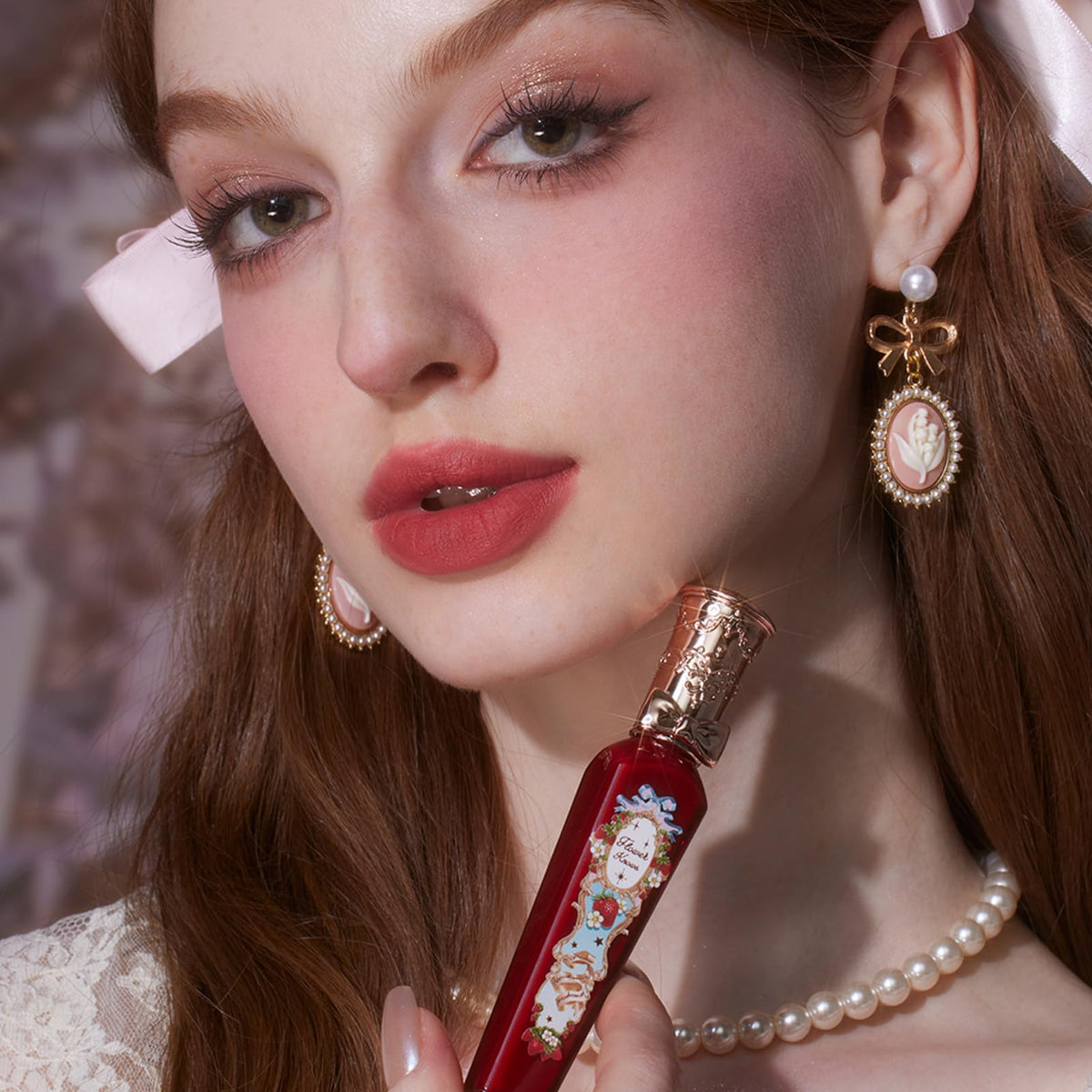 Flower Knows Velvet matte finish emphasizes long-wearing, transfer-resistant color.