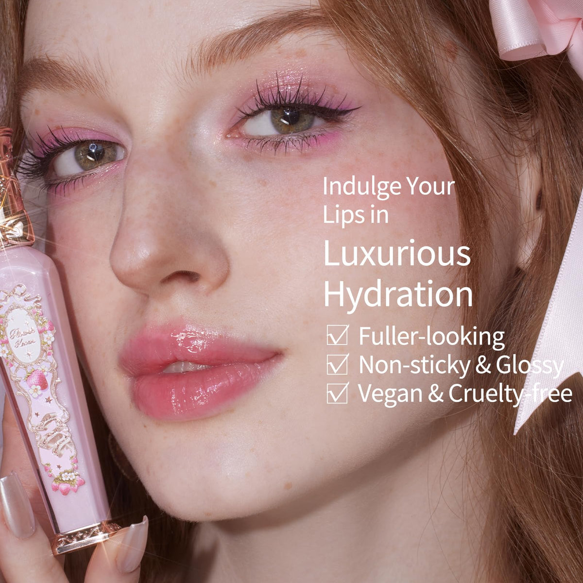 Close-up highlight of pearlescent shine on Flower Knows lip gloss