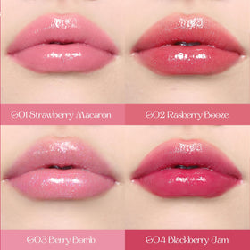 Swatch on lips of Flower Knows Violet Strawberry Rococo Glowy Lip Gloss