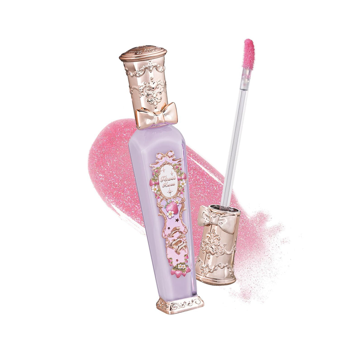 Flower Knows Violet Strawberry Rococo Glowy Lip Gloss bottle glistening lilac-pink shimmer.