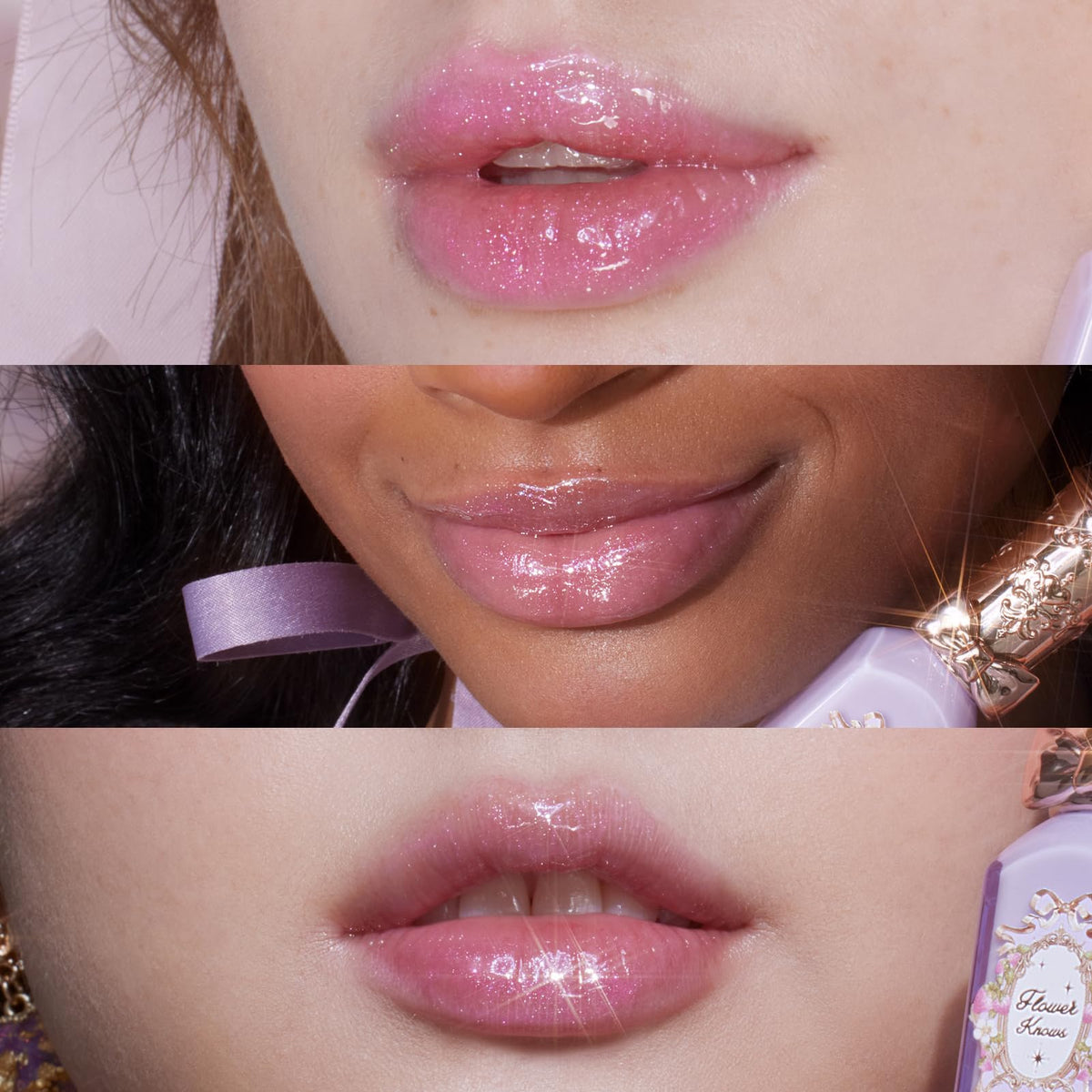 Flower Knows swatch shows sheer lilac-pink with subtle glitter on skin.