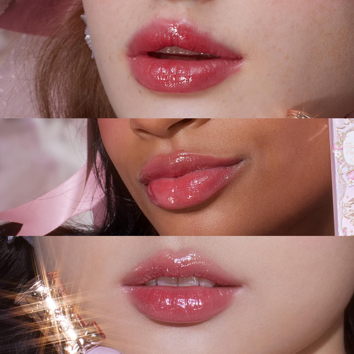 Flower Knows Violet Strawberry Rococo Glowy swatches reveal vivid raspberry pink with champagne sparkle.