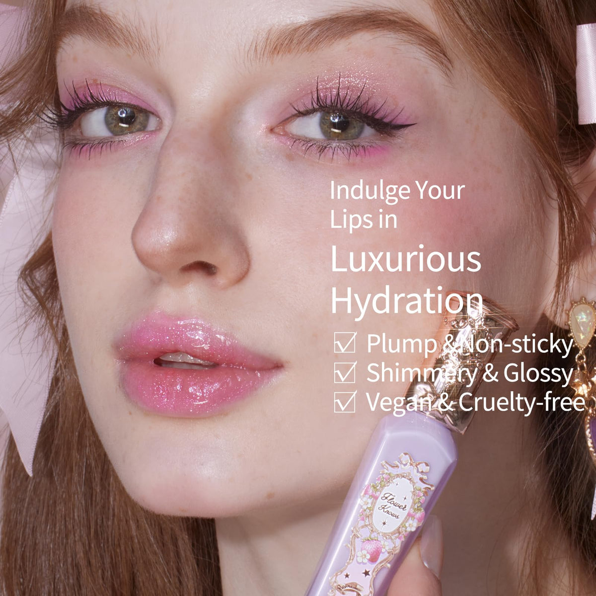 Flower Knows lip gloss texture close-up shows silky, tacky finish.
