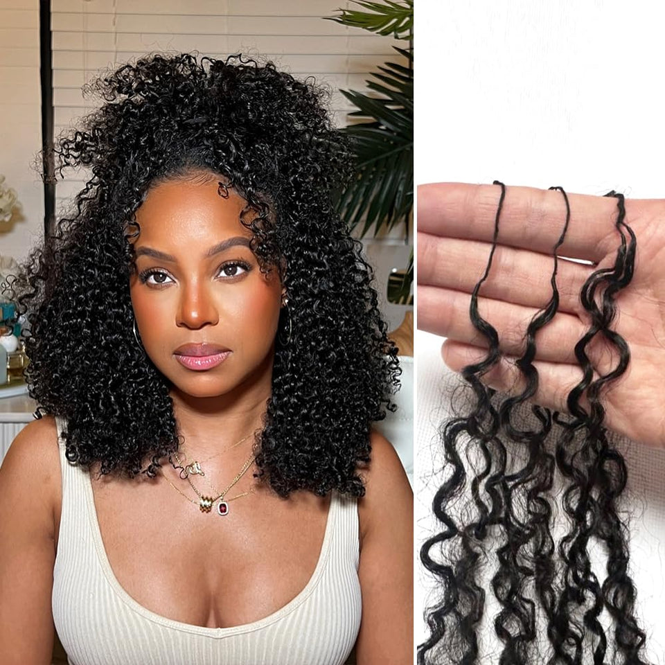 FlowerSeason Afro kinky curly knotless extensions close-up reveals rich texture and Remy shine.