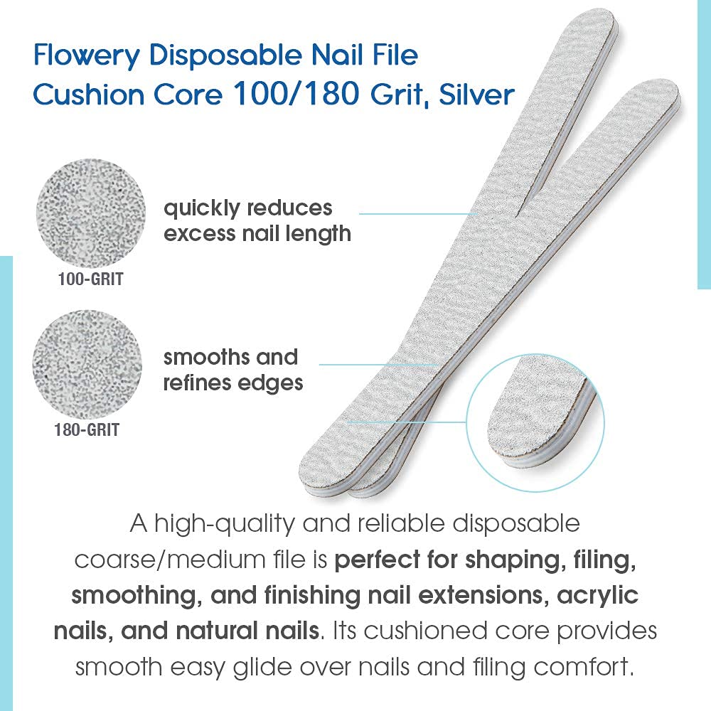 Flowery disposable file packaging emphasizes hygienic single-use design.