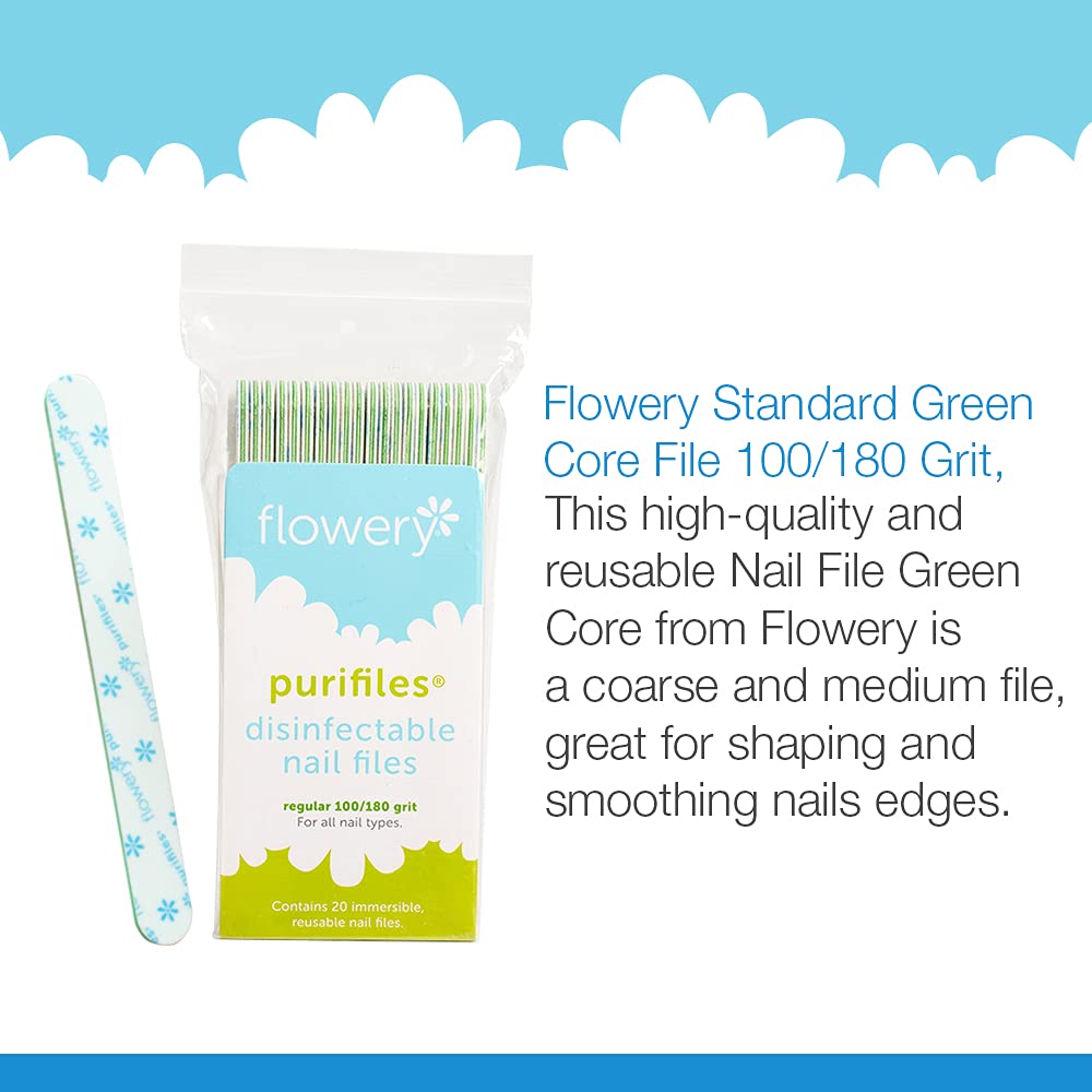 Flowery Green Core nail files 180 grit side close-up for shaping artificial nails.