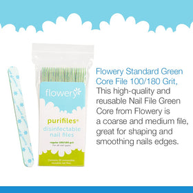 Flowery Green Core nail files 180 grit side close-up for shaping artificial nails.