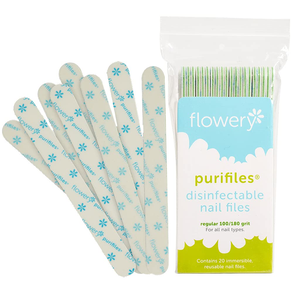 Flowery Green Core disinfectable nail files 20-pack front view, ideal for hygienic at-home manicures.