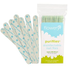 Flowery Green Core disinfectable nail files 20-pack front view, ideal for hygienic at-home manicures.