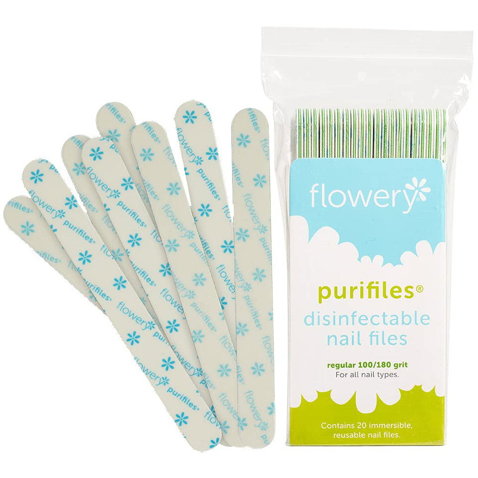 Flowery Green Core disinfectable nail files 20-pack front view, ideal for hygienic at-home manicures.