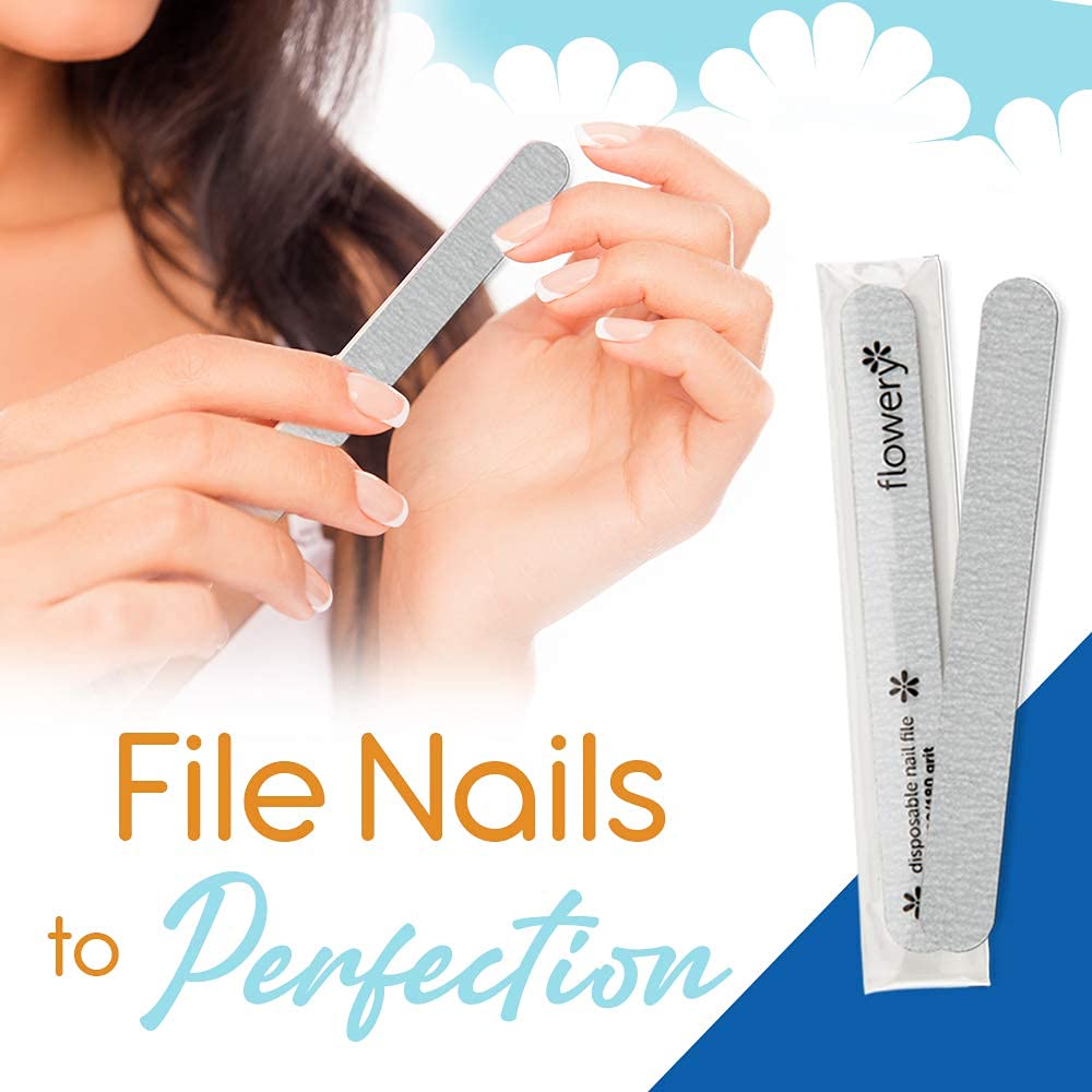 Flowery nail file close-up highlights refined edge with 180 grit.