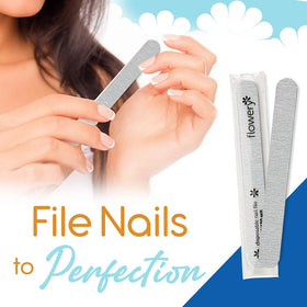 Flowery nail file close-up highlights refined edge with 180 grit.