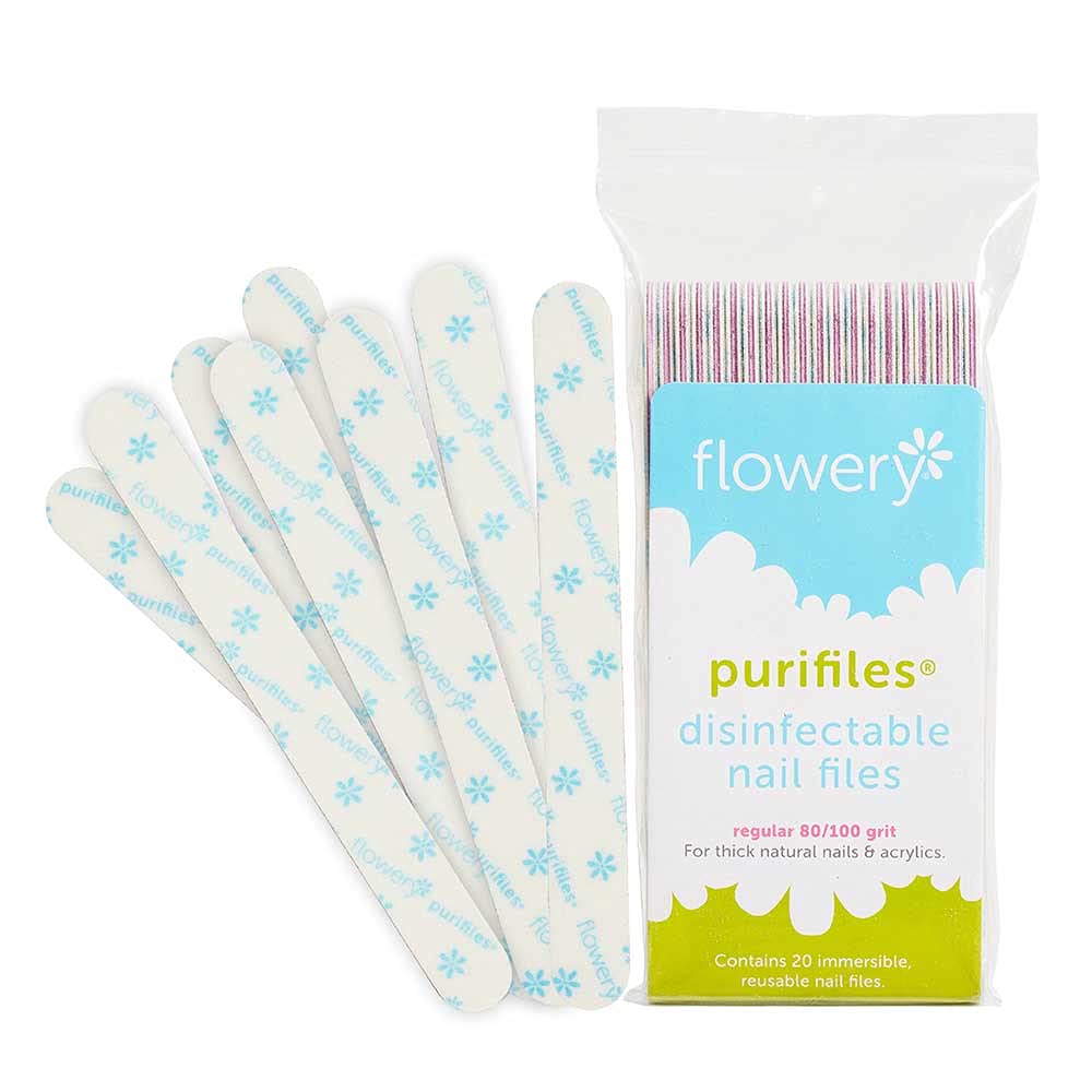 Flowery Purifiles pink core nail file with 80/100 grit for precise natural and acrylic nail shaping.