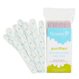 Flowery Purifiles pink core nail file with 80/100 grit for precise natural and acrylic nail shaping.