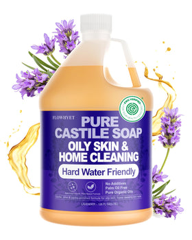 FLOWHYET Lavender Castile bottle pour demonstrating gentle cleansing for hands and surfaces