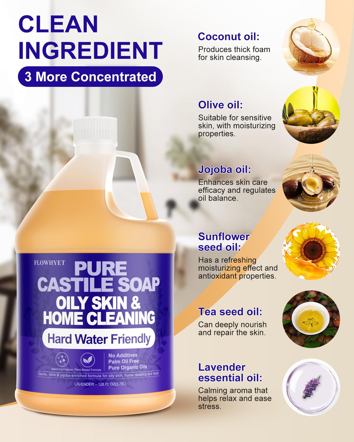 Flowhyet Lavender Castile Soap 1 gallon refill packaging.