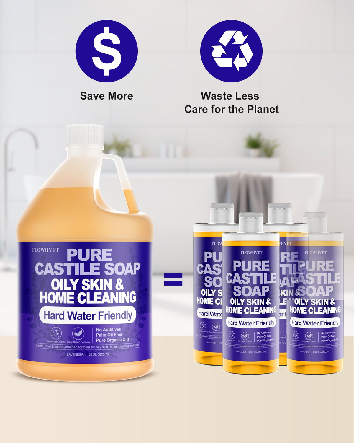 Flowhyet Lavender Castile Soap in bathroom for gentle cleansing and care.