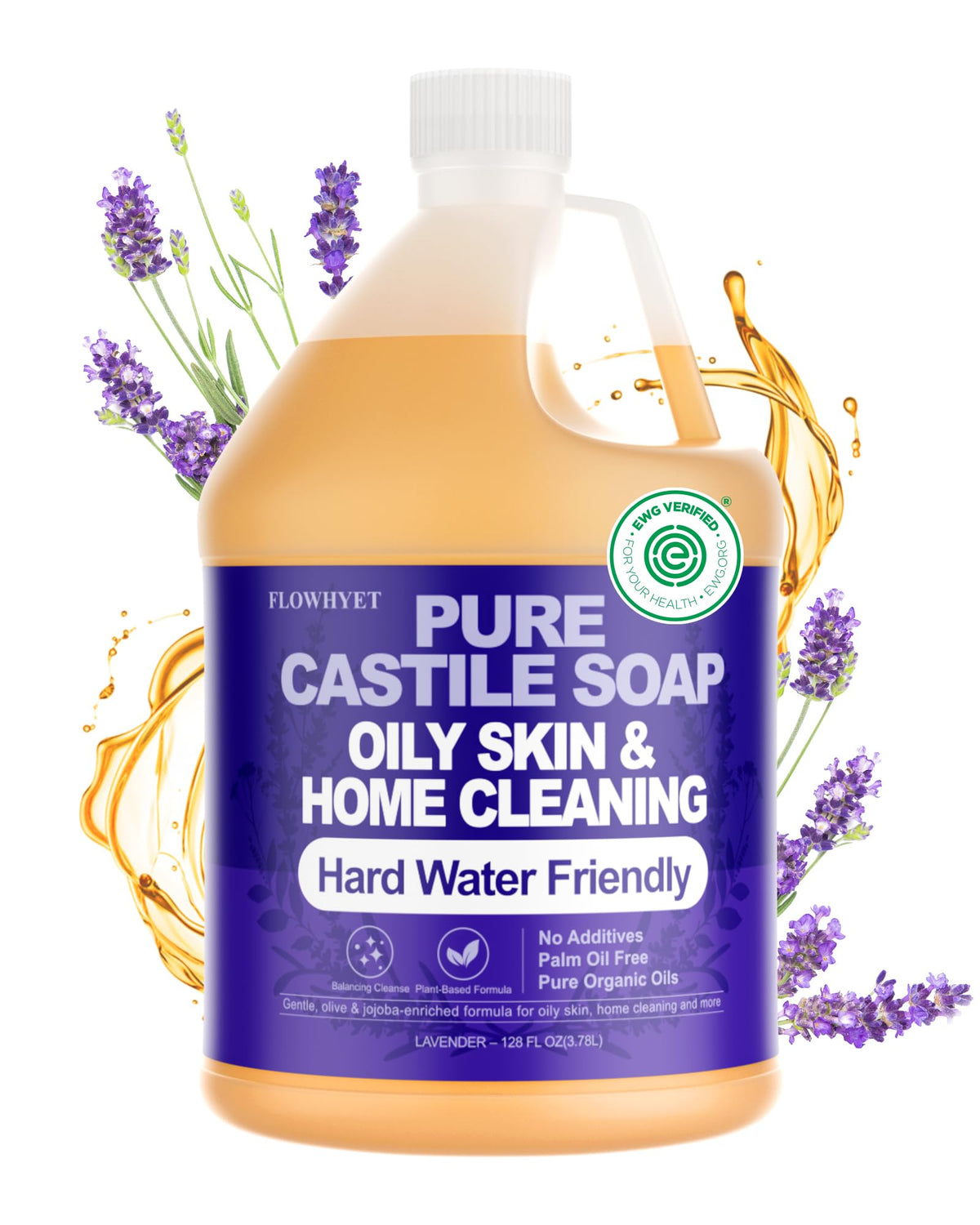 Flowhyet Lavender Castile Soap bottle shows gentle everyday cleansing.