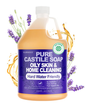 Flowhyet Lavender Castile Soap bottle shows gentle everyday cleansing.