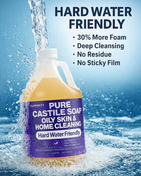 Flowhyet Lavender Castile Soap label closeup highlights natural ingredients.