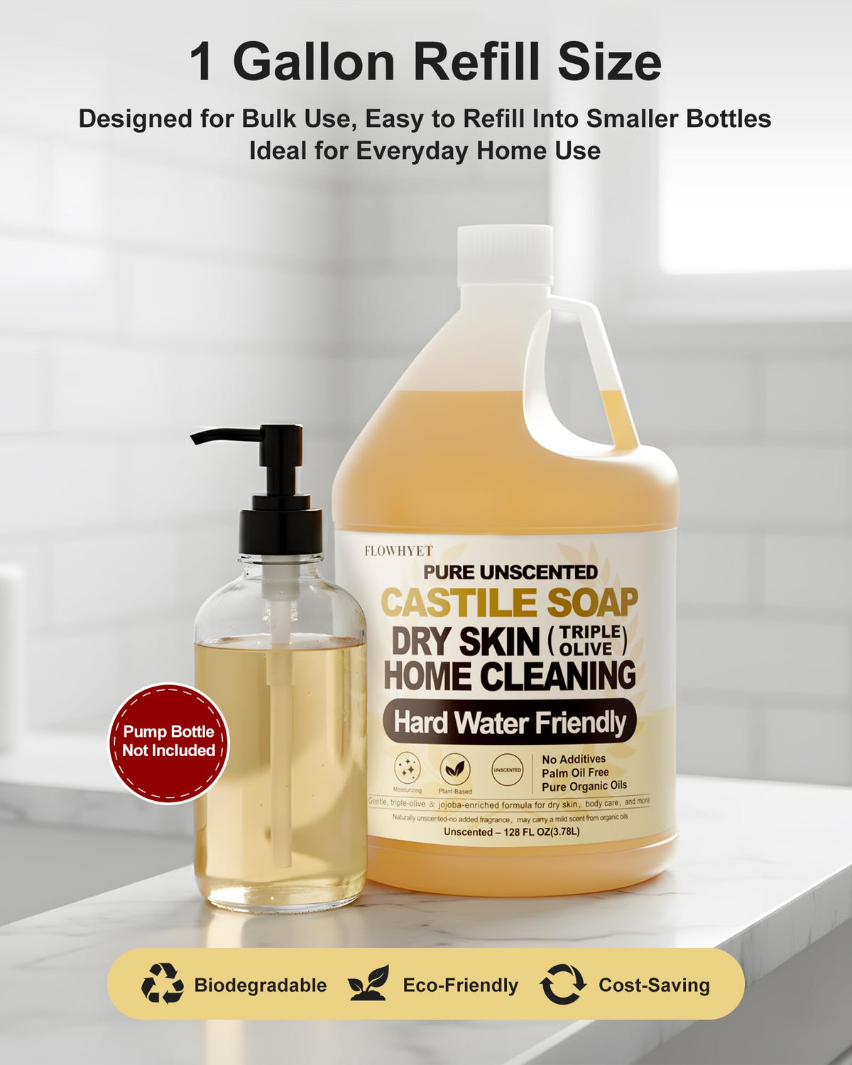 FLOWHYET Castile Soap hard-water performance against mineral residue