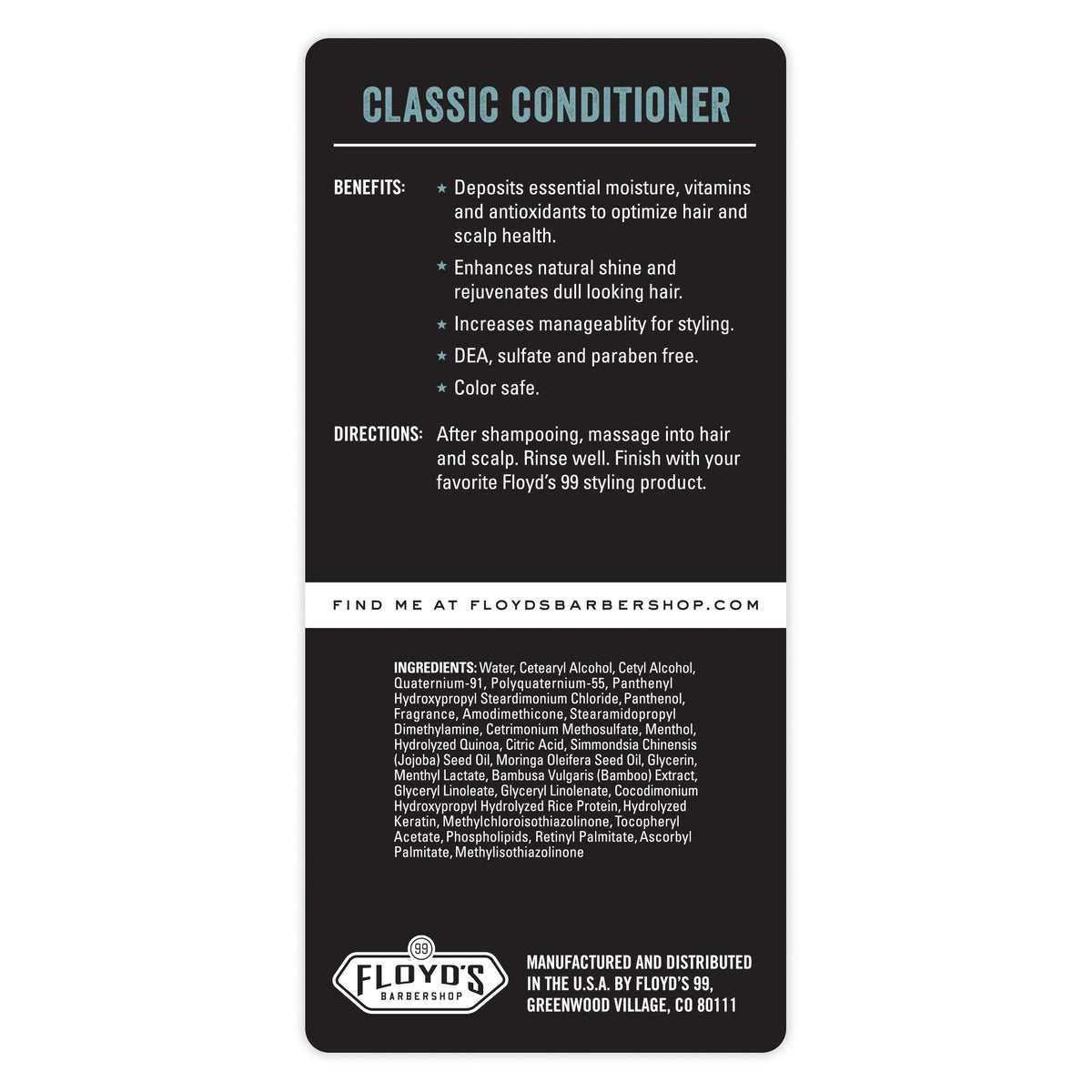 Floyd's 99 Grooming Classic Conditioner packaging emphasizes color-safe formula.
