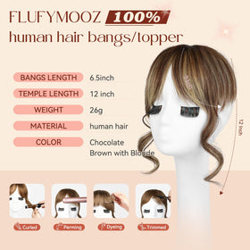 Flufymooz 100% human hair topper adds soft shine and versatile styling.