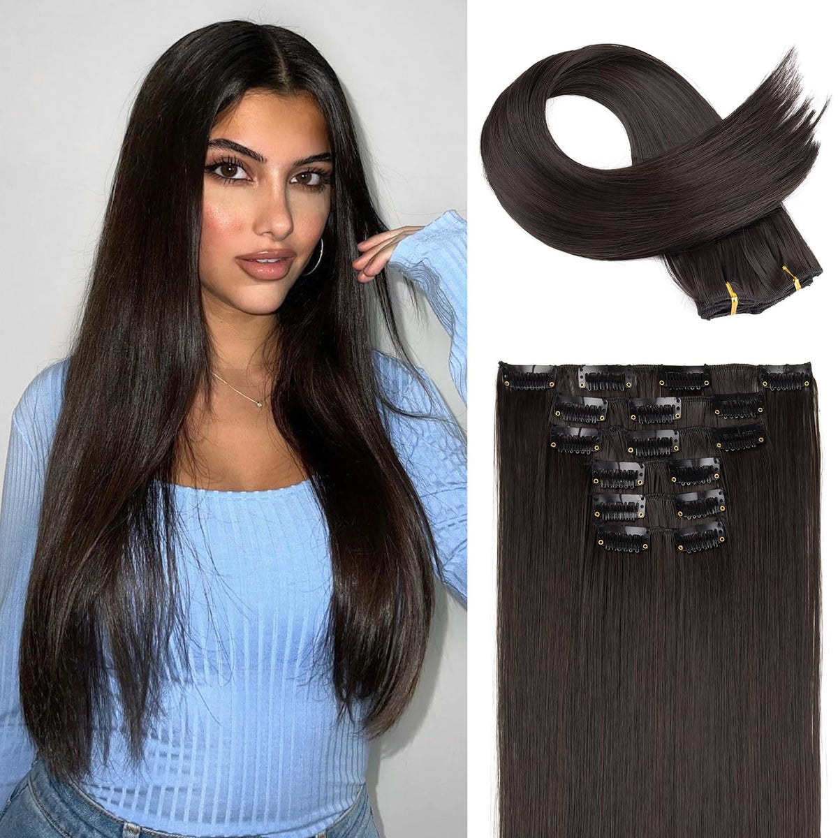 Flufymooz 6PC clip-in extensions, 24-inch straight, black brown, natural fullness