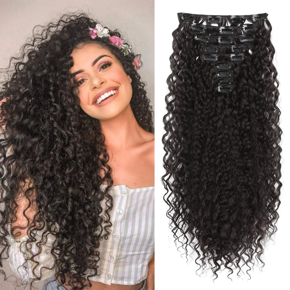 Flufymooz 9PCS clip-in curly extensions show long, natural-looking waves.