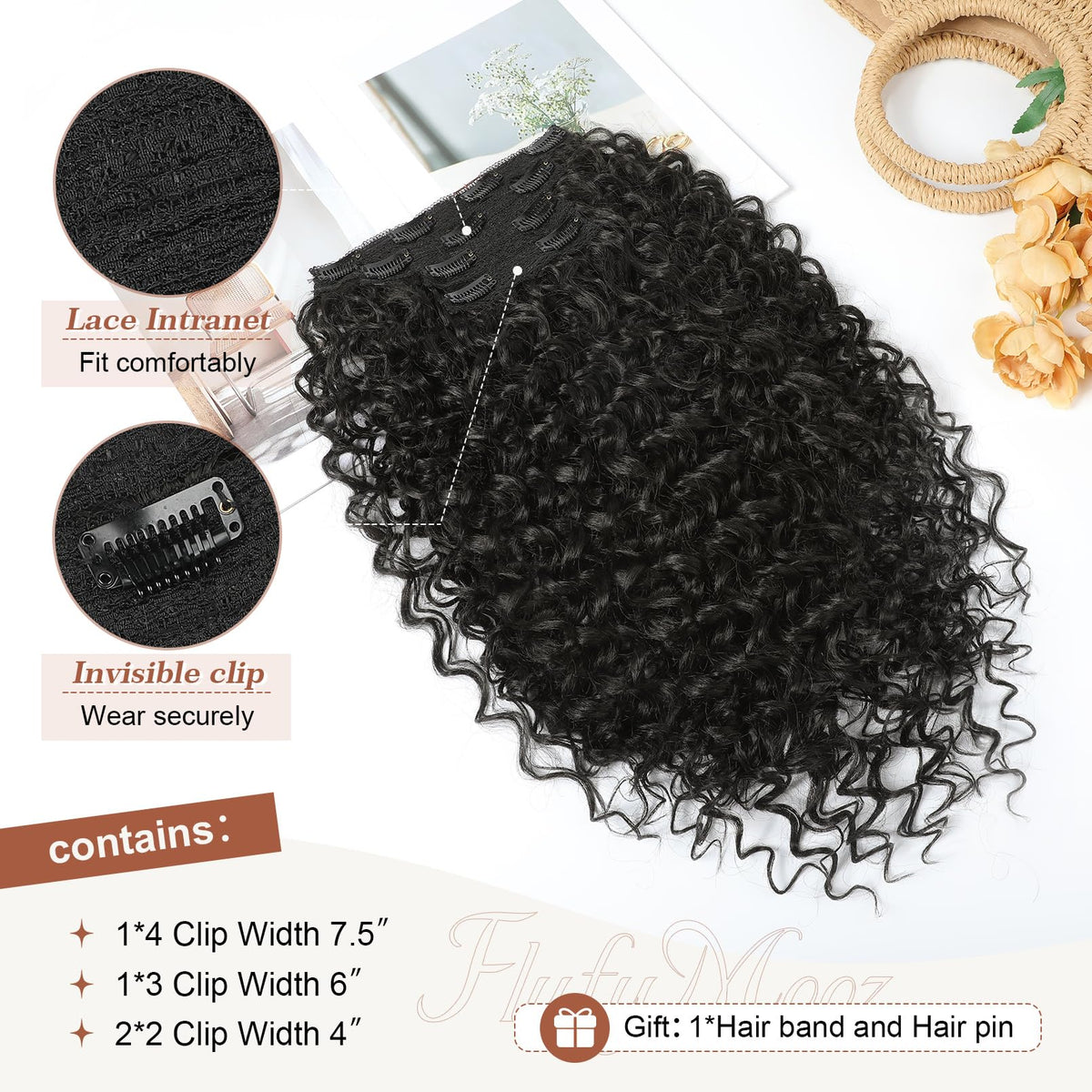 Flufymooz black-brown clip-in extensions blend with real hair for seamless use.