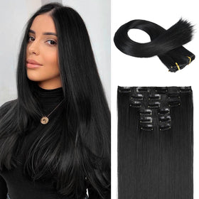 Flufymooz clip-in extensions 24in straight natural black for added length.