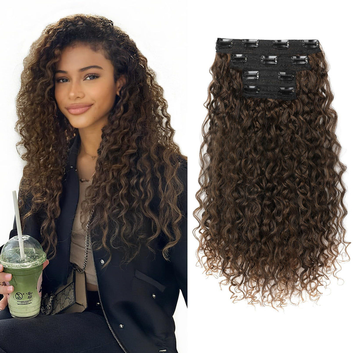 Flufymooz clip-in extensions deliver instant volume with natural-looking texture.