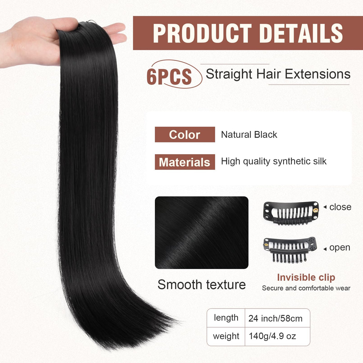 Flufymooz clip-in extensions close-up clip for secure hold and comfortable wear.