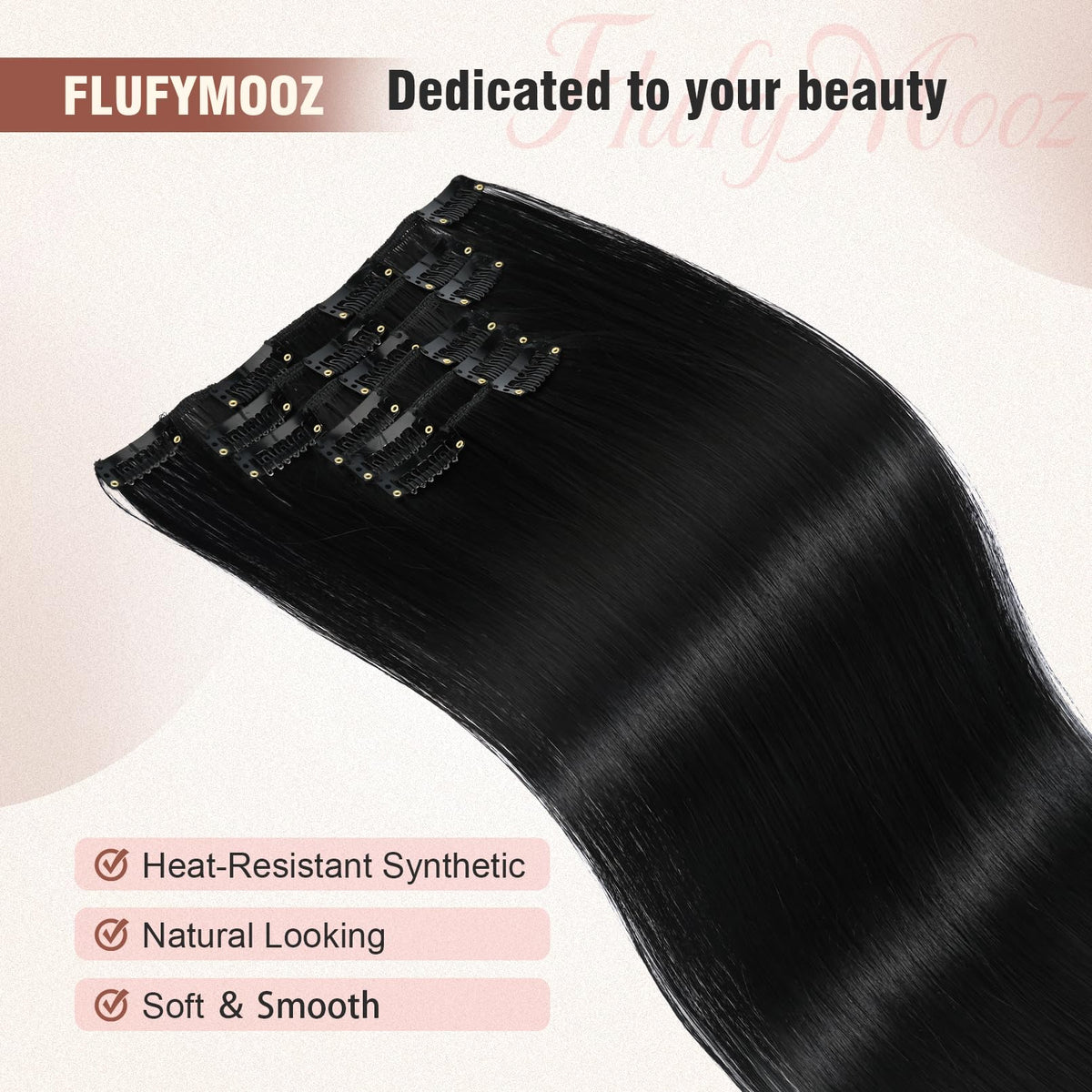 Flufymooz on-head wear photo shows quick, tool-free application and natural blend.