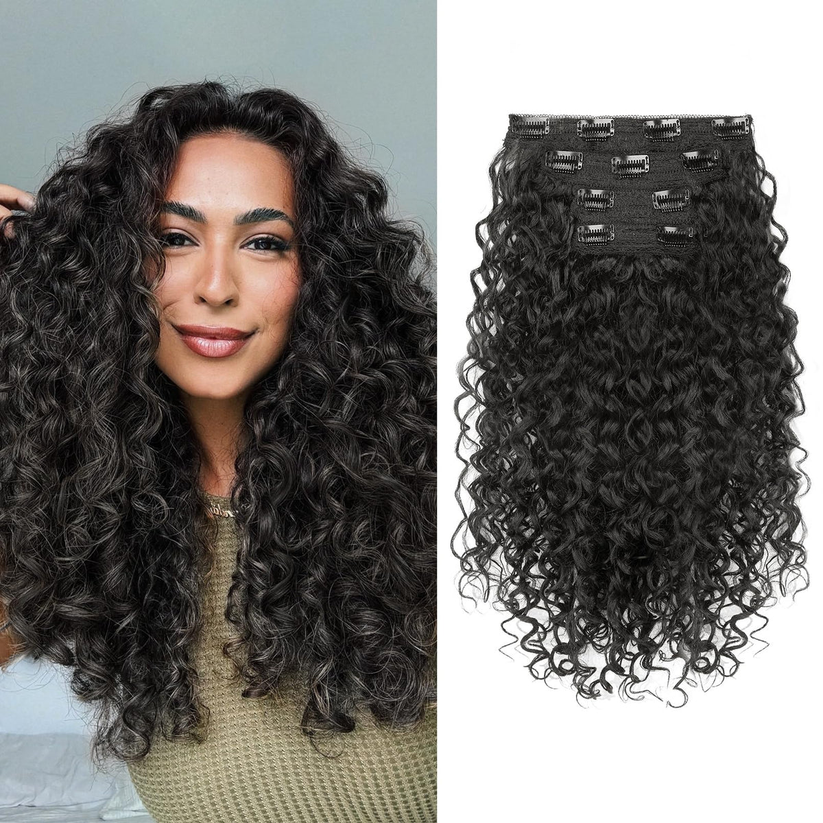 Flufymooz clip-in extensions in black-brown 16-inch length for natural look and movement.