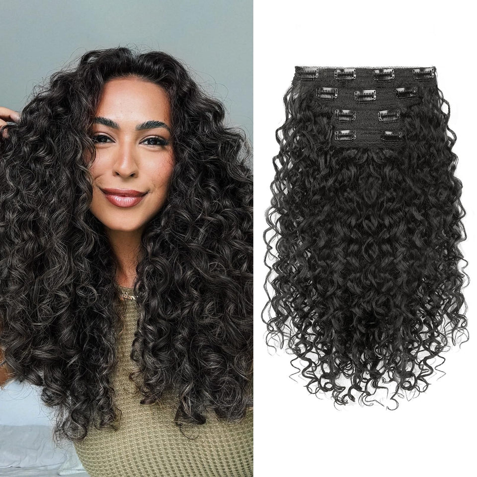 Flufymooz clip-in extensions in black-brown 16-inch length for natural look and movement.