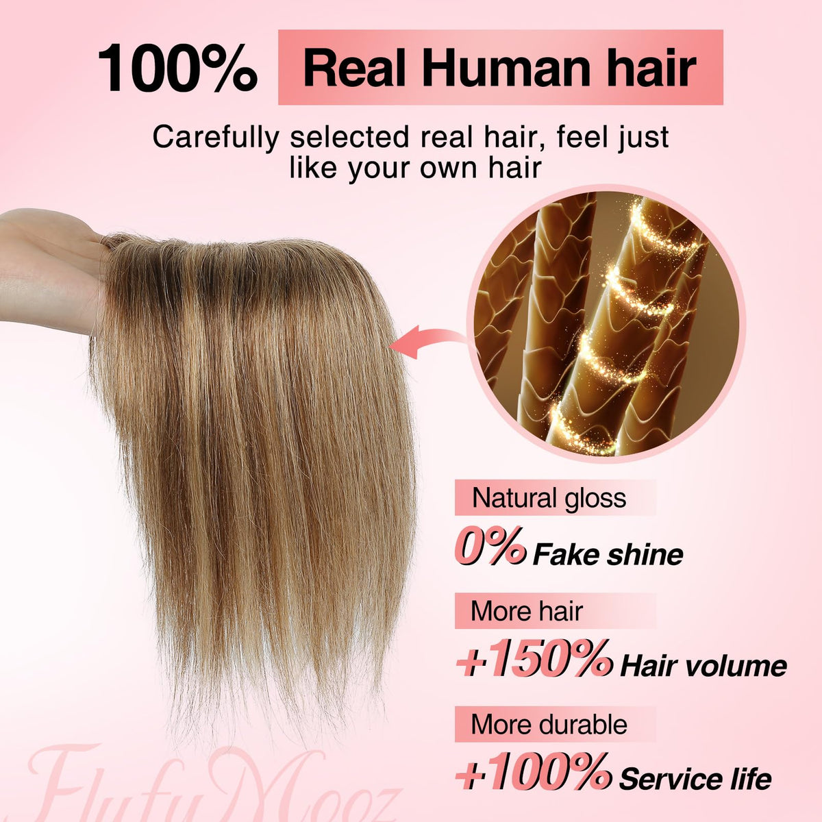 Flufymooz clip-in topper 150% density delivers fuller style with subtle blending.
