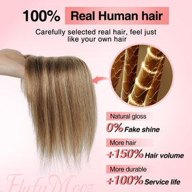 Flufymooz clip-in topper 150% density delivers fuller style with subtle blending.