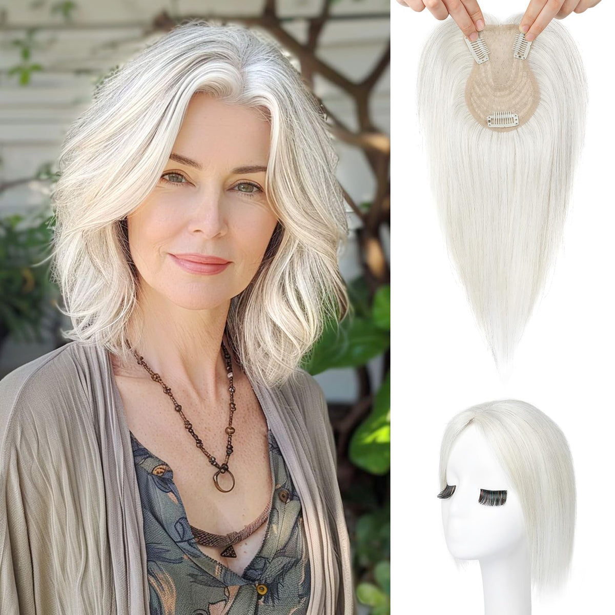 Flufymooz clip-in topper with 360° coverage adds natural volume to thinning hair.