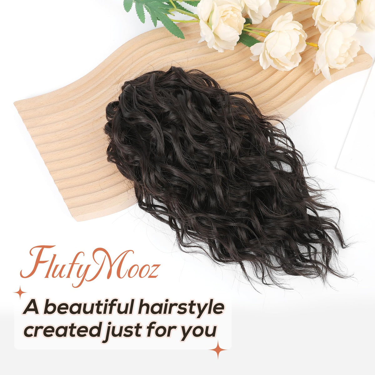 Flufymooz clip-on ponytail with claw clip for quick styling and secure hold.