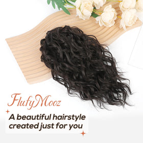 Flufymooz clip-on ponytail with claw clip for quick styling and secure hold.