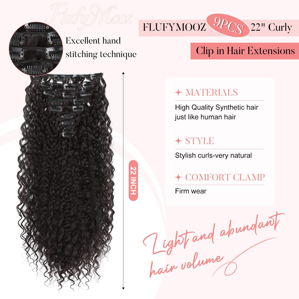 Flufymooz curly clip-in close-up highlights soft fibers.