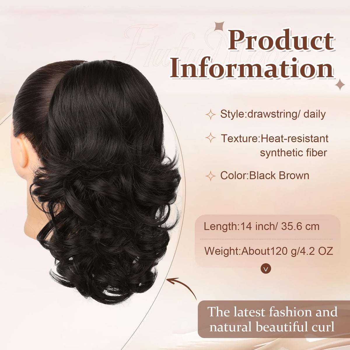 Flufymooz drawstring ponytail secures quickly with comfortable fit.