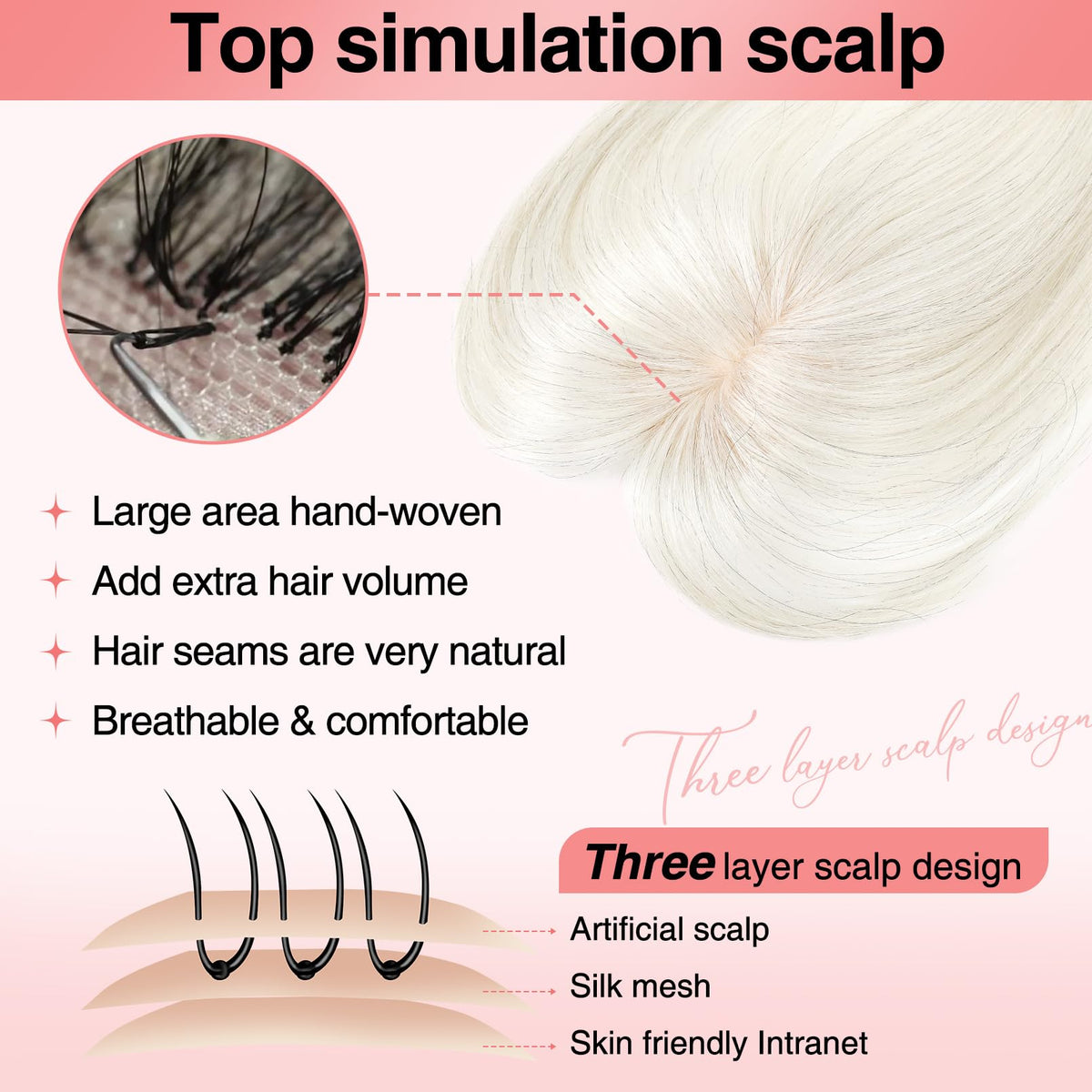 Flufymooz hand-woven lace base topper offers breathable, realistic scalp look
