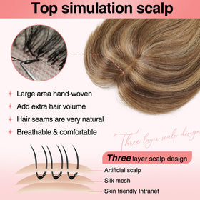 Flufymooz hand-woven lace-bottom topper creates breathable, realistic scalp appearance.